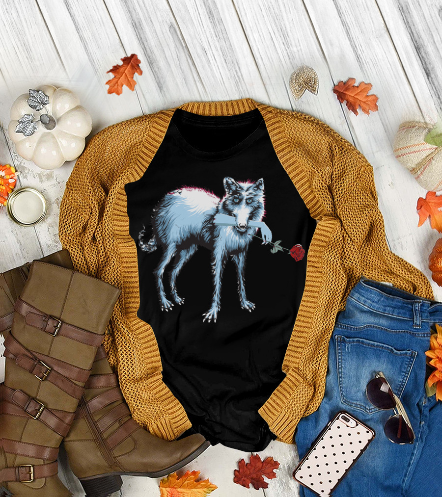 Wolf Ghost Holding Rose In Mouth T-Shirt