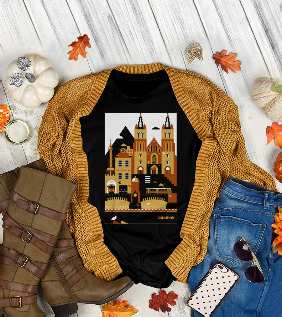 Prague Landmarks with Historical Architecture and Riverfront Elements T-Shirt