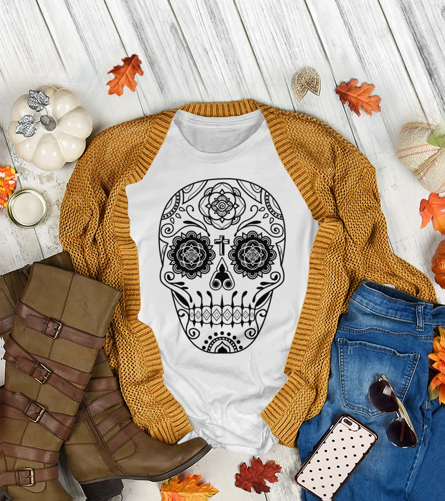 Day Of The Dead Floral Patterned Skull T-Shirt