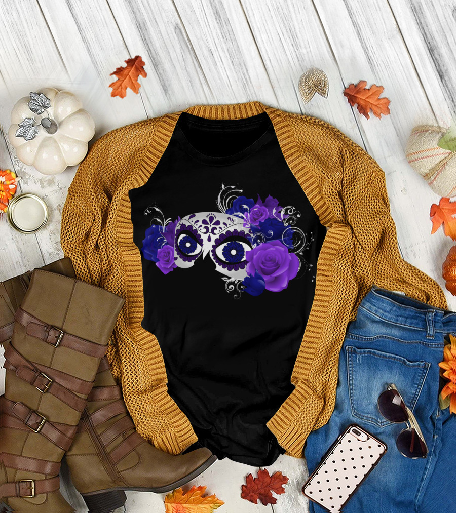 Day of the Dead Mask with Purple and Blue Roses T-Shirt