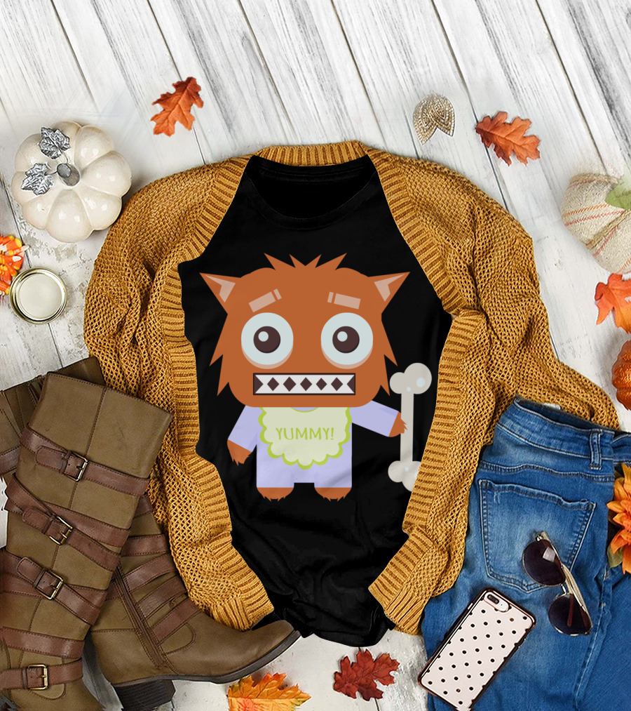 Wolfie Yummy Orange Cartoon Monster with Bone T-Shirt