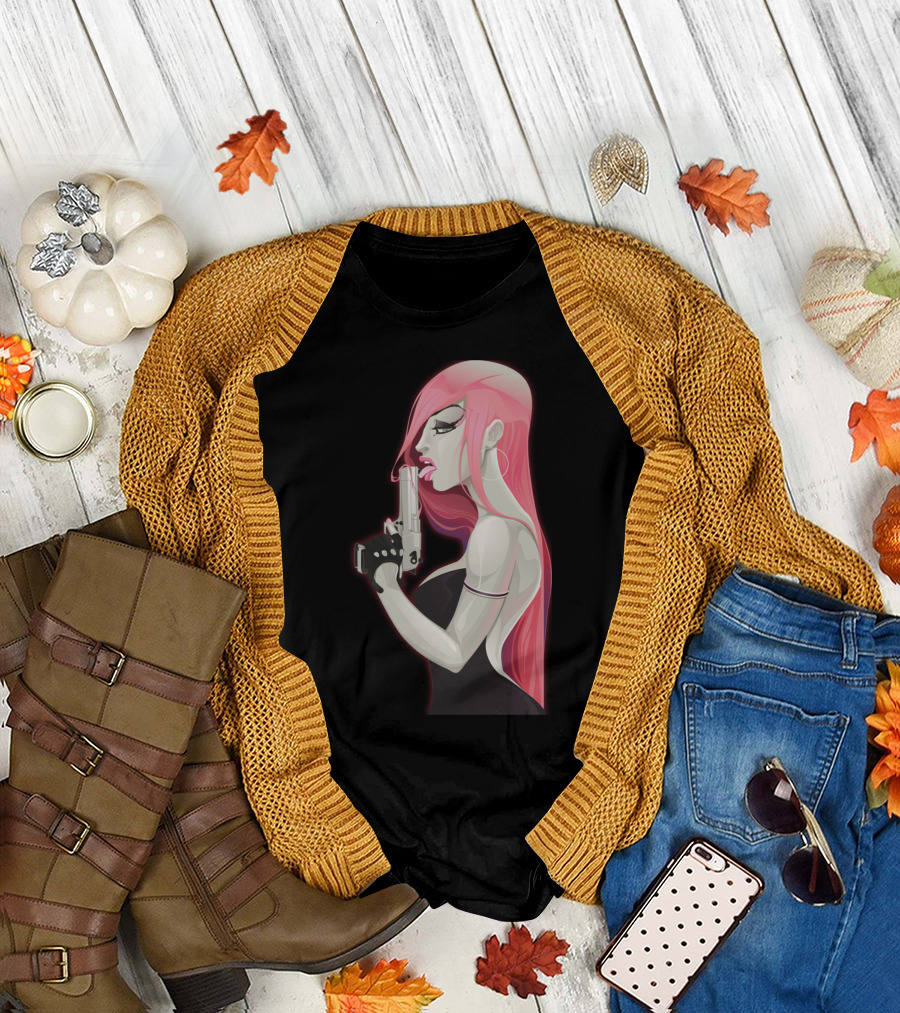 Woman with Pink Hair and Gun T-Shirt