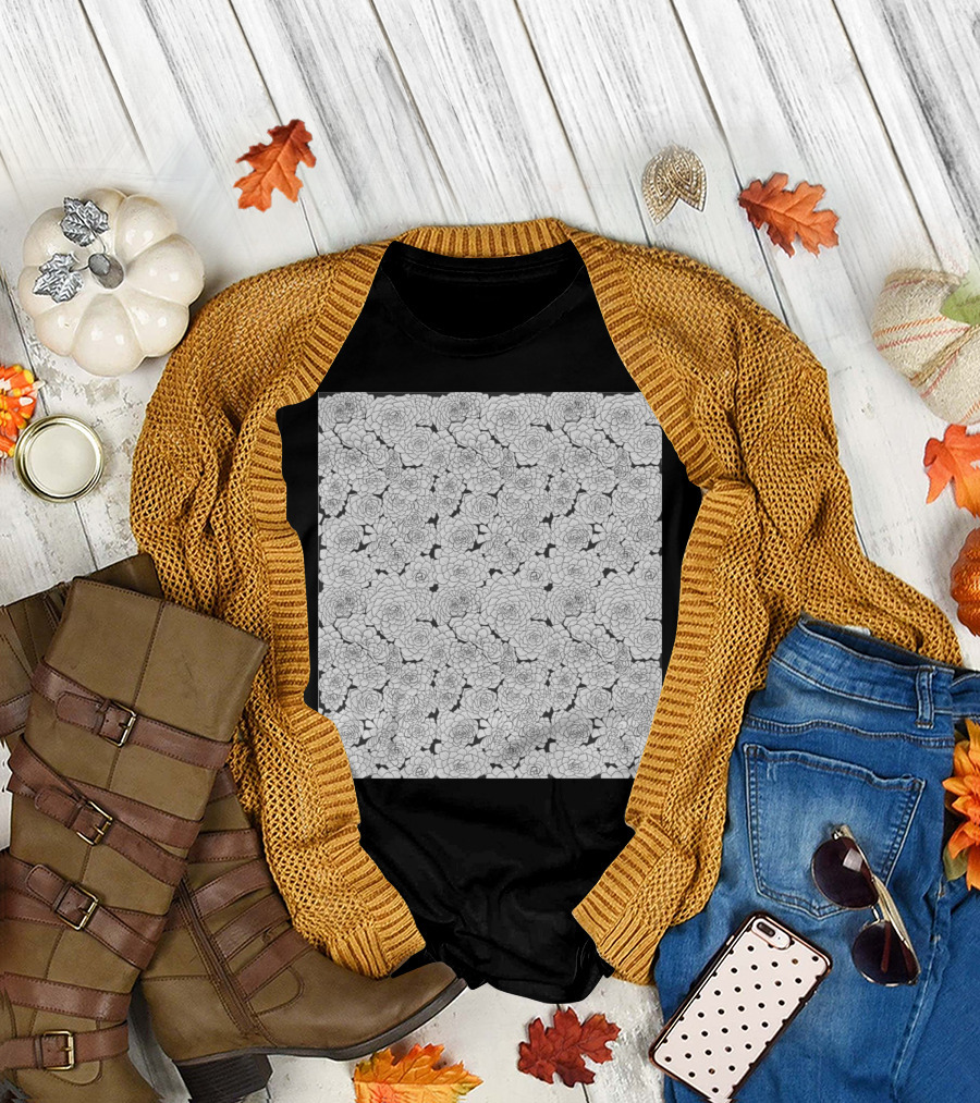 Inky Grey Succulents Pattern Blossoms T-Shirt