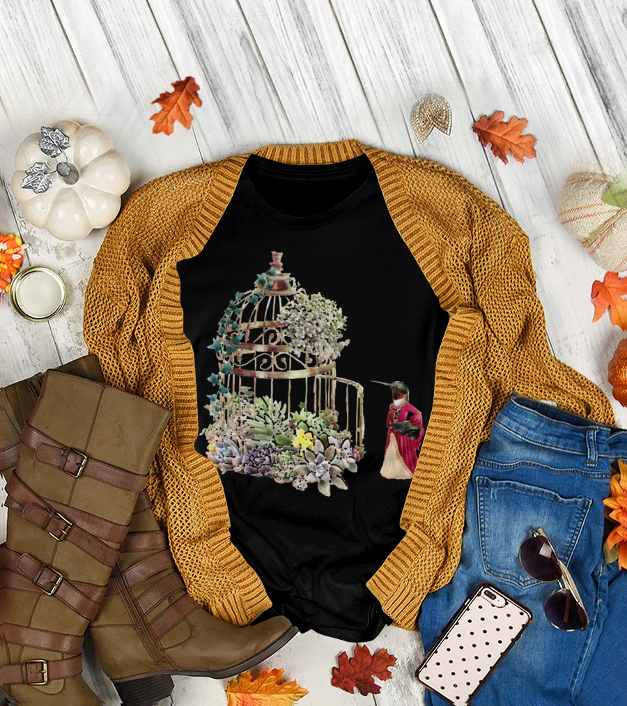 Lady Hummingbird in Succulent Garden Cage with Red Cloak T-Shirt