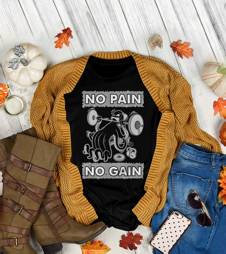 NO PAIN NO GAIN Octopus Lifting Weights 50kg Kettlebell 7kg T-Shirt