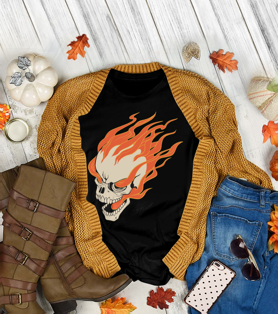 Flame Skull Head with Fiery Flames T-Shirt