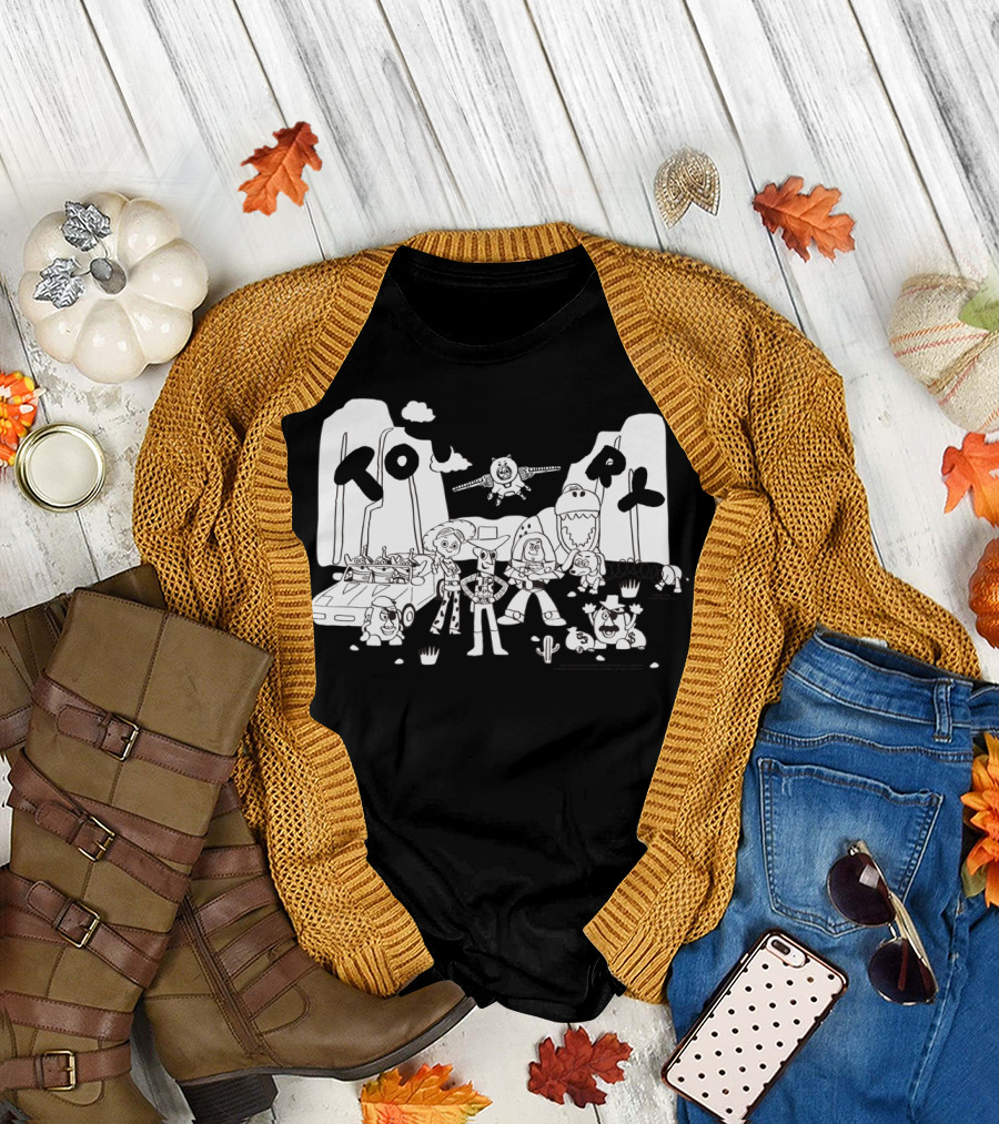 Toy Story Buzz Woody Jessie Rex Hamm Slinky Bullseye Alien Car Black and White Desert Scene T-Shirt