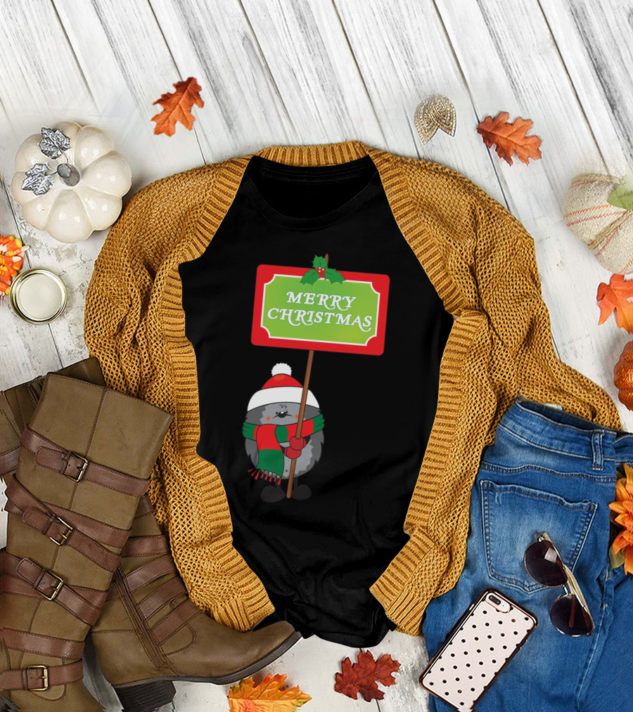Merry Christmas Hedgehog Festive Sign with Holly and Santa Hat T-Shirt