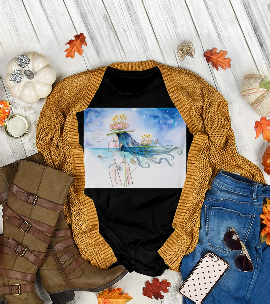 Lady of the Lake Celestial Night Blooms and Crescent Moon T-Shirt