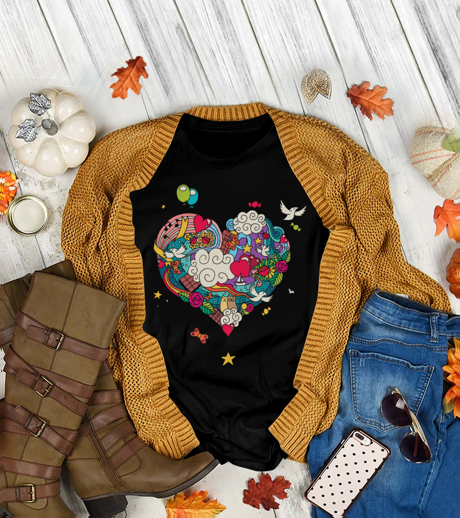 Love Doodle Heart with Balloons, Birds, Clouds, and Stars T-Shirt