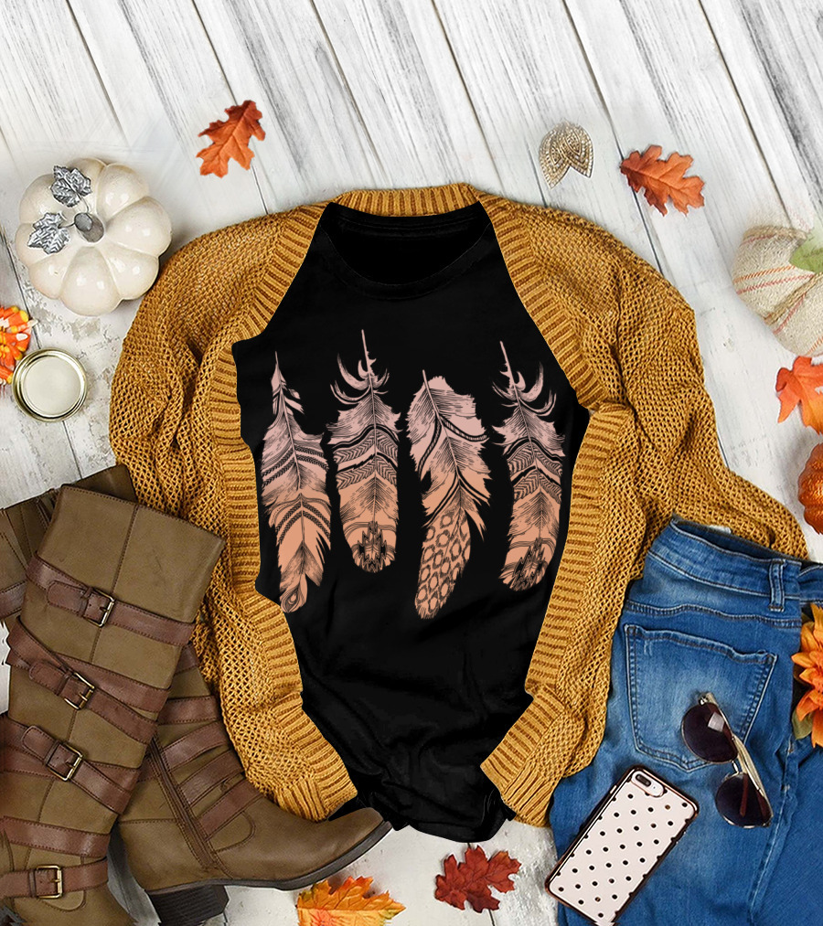 Print Feathers Four Beige Intricate Patterned Feathers T-Shirt