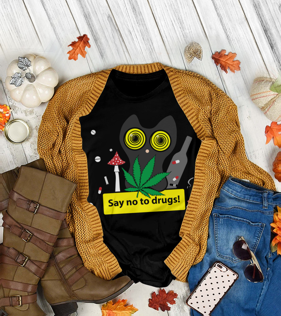 Say No to Drugs Owl with Narcotic Symbols and Marijuana Leaf T-Shirt