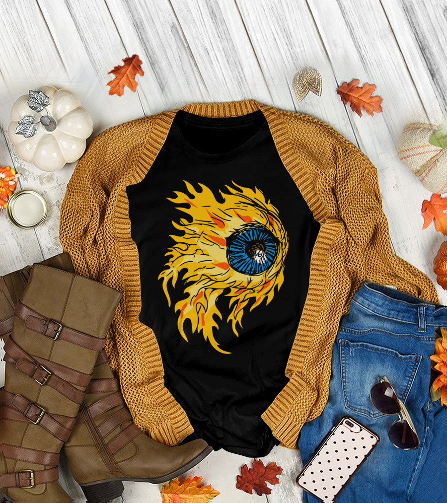 Flaming Eyeball Fire Drawing Blue Iris Flames T-Shirt