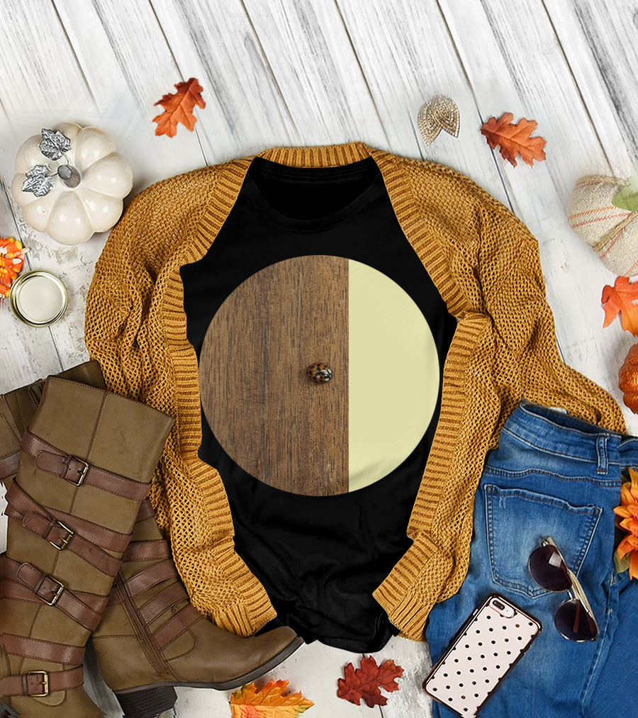 Ladybird on Wooden Surface with Yellow Contrast T-Shirt