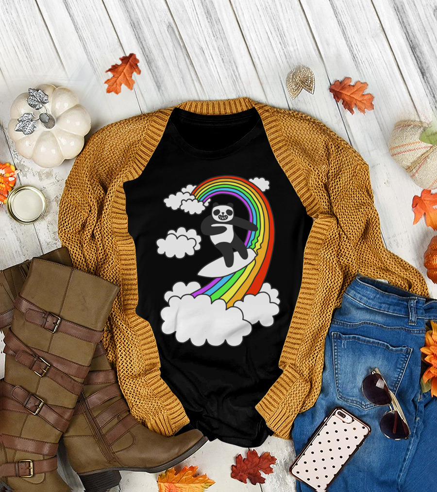 Pandas Surf Rainbows through Colorful Clouds and Smiling Skies T-Shirt