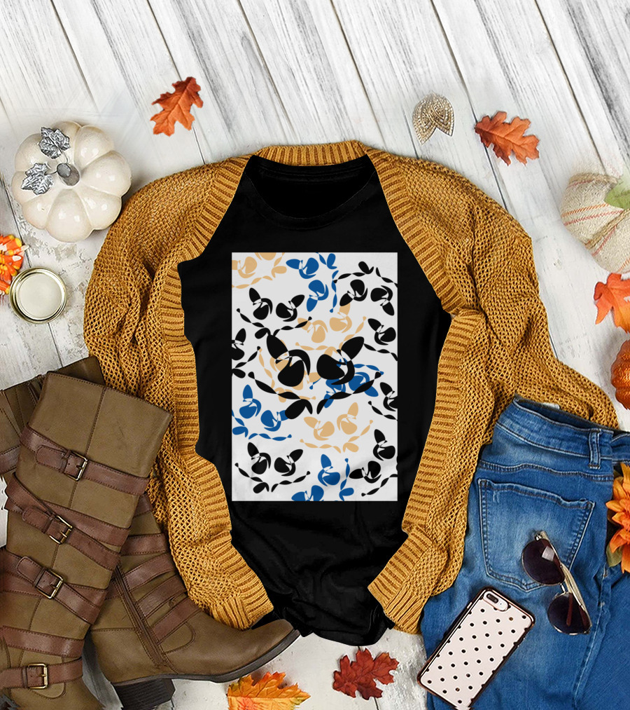 World Of Cats Pattern in Blue Black and Gold T-Shirt