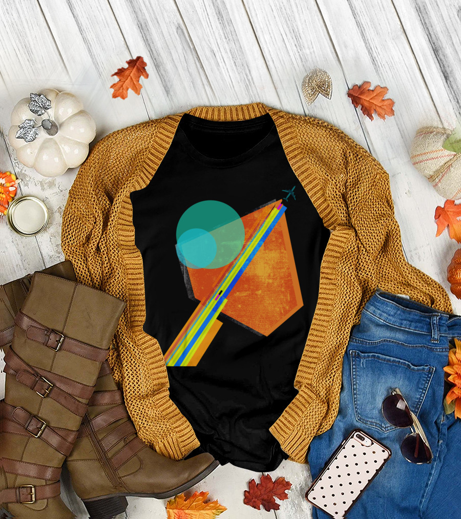 Landing Abstract Geometric Airplane and Colorful Lines T-Shirt