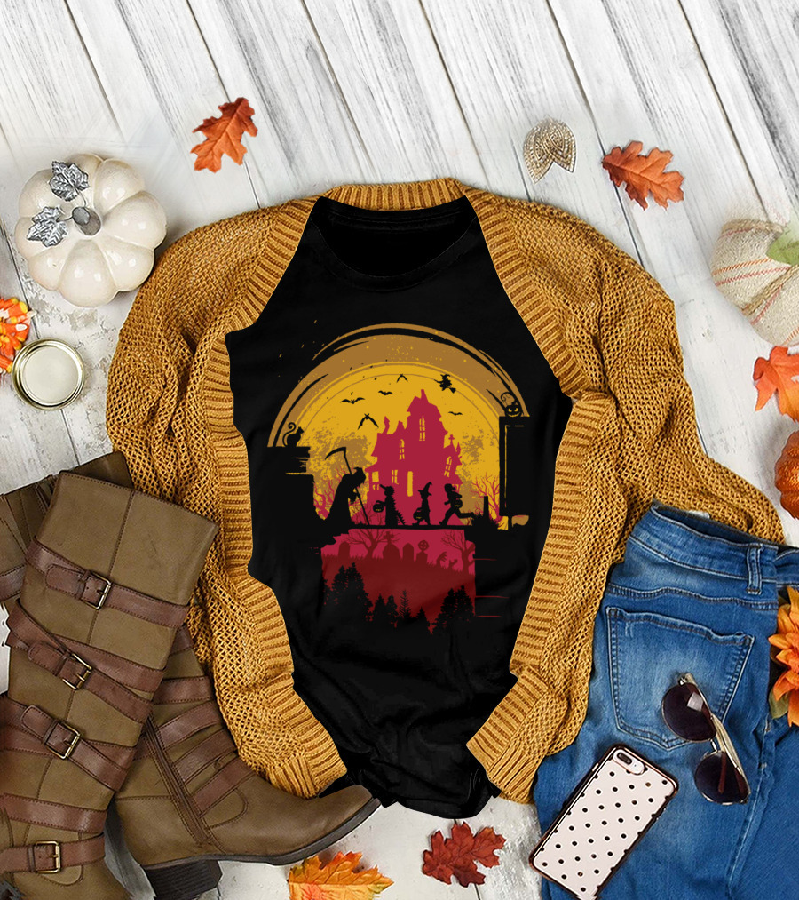 Trick Or Treat Haunted House Silhouette with Kids and Grim Reaper T-Shirt
