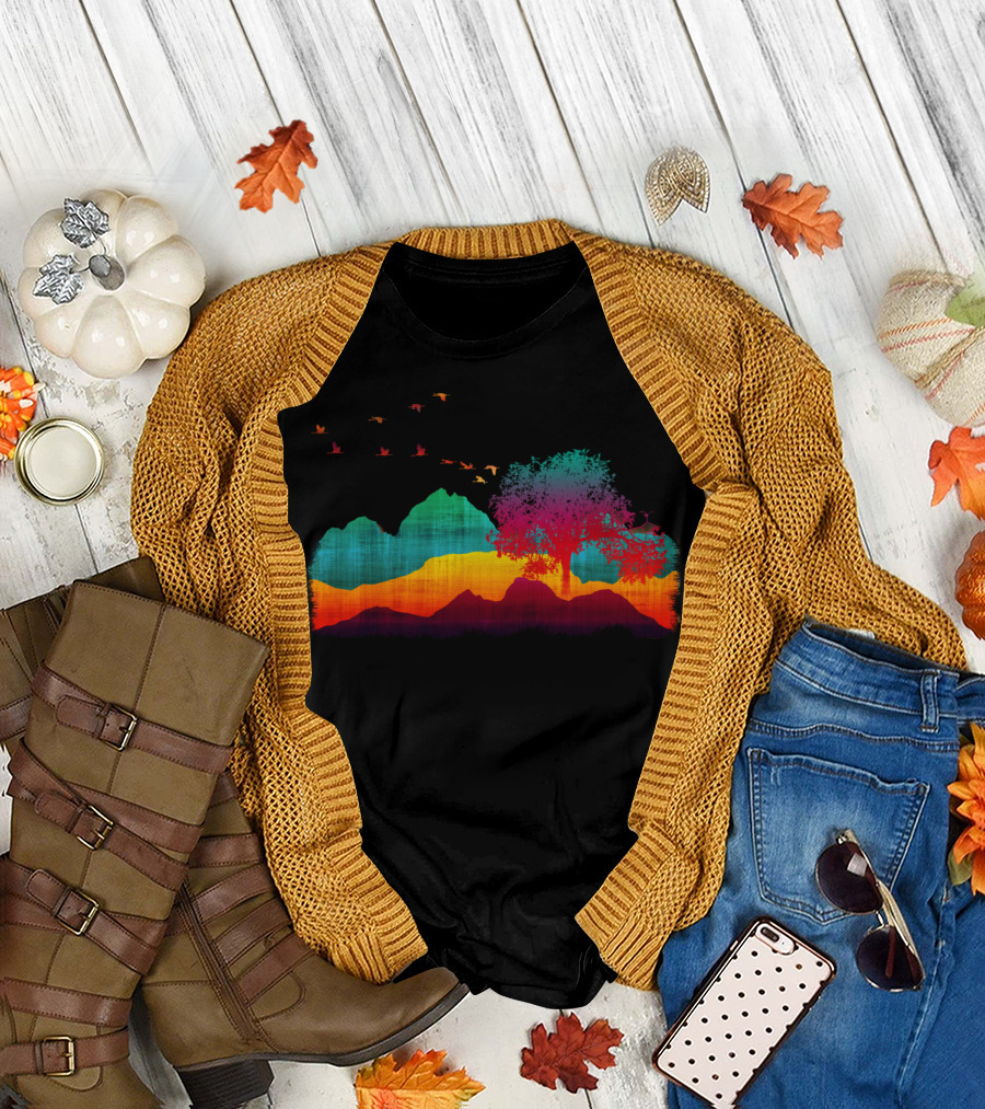 Love Life Vibrant Mountain Sunset with Tree and Flying Birds T-Shirt