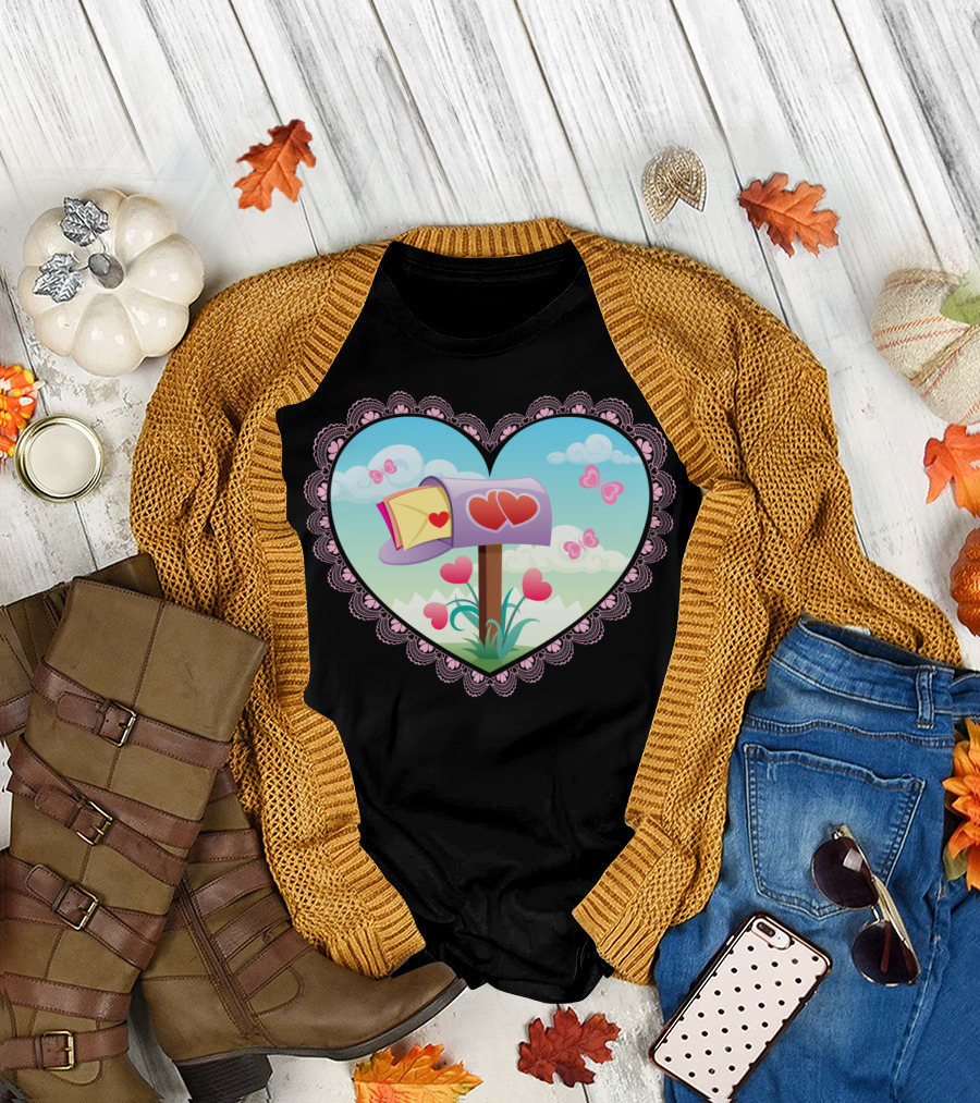Hearts and Butterflies Love Mailbox in Lace Heart Frame T-Shirt