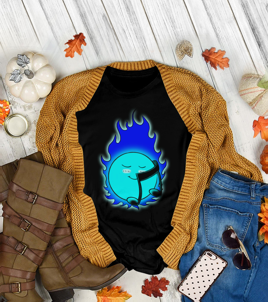 Flaming Blue Music Note Embracing Smiling Globe T-Shirt