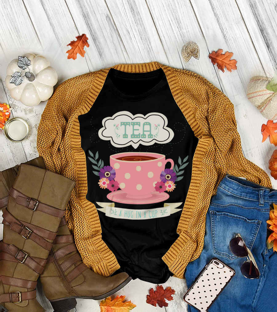 Tea Floral Polka Dot Cup with Flowers and A Hug In A Cup Banner T-Shirt