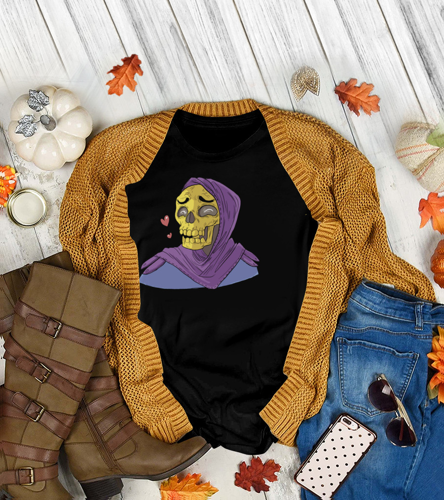Skeleton In Love Yellow Skull Hearts Purple Hooded Robe T-Shirt
