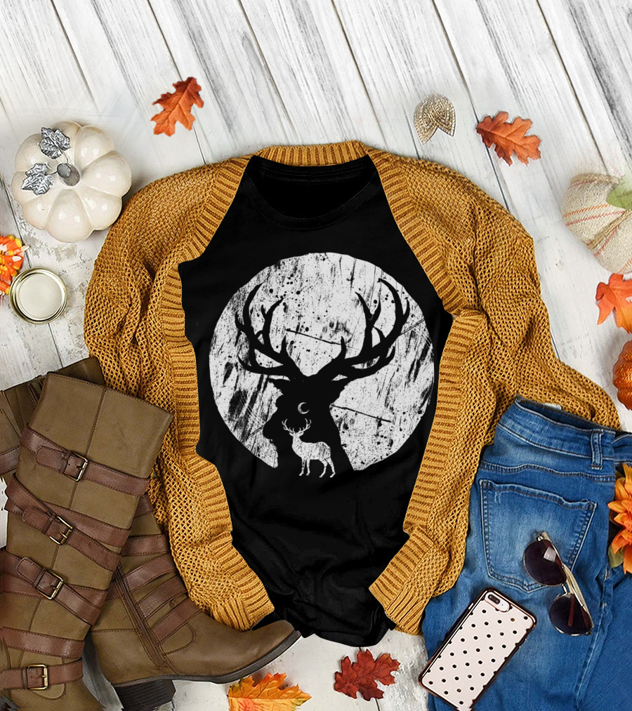 Deer Silhouette Under Moonlit Night Sky T-Shirt