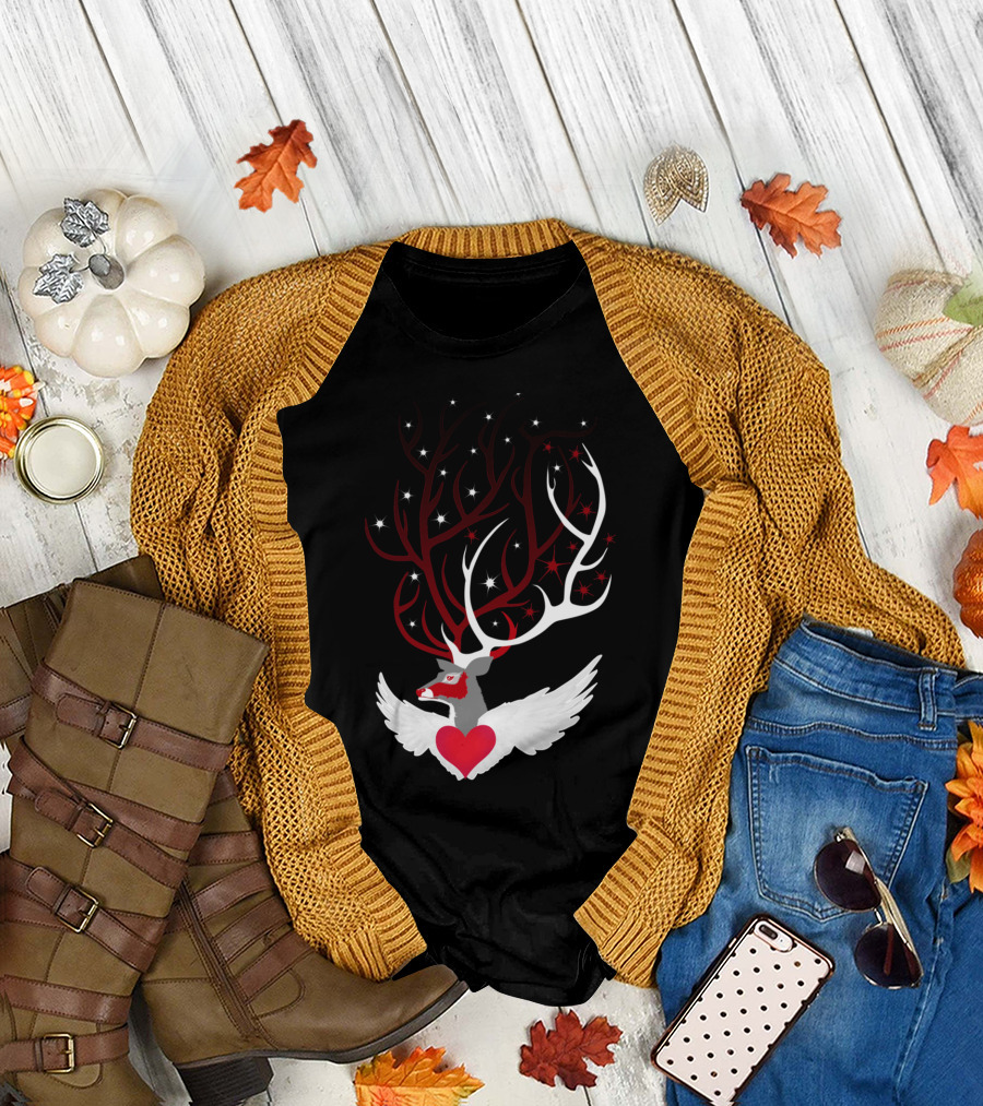 Deer Heart with Winged Antlers and Stars T-Shirt