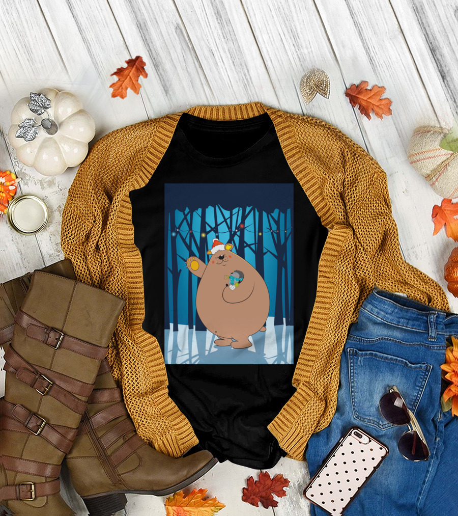 Merry Christmas With Bear and Hedgehog in Winter Forest with Santa Hat and String Lights T-Shirt