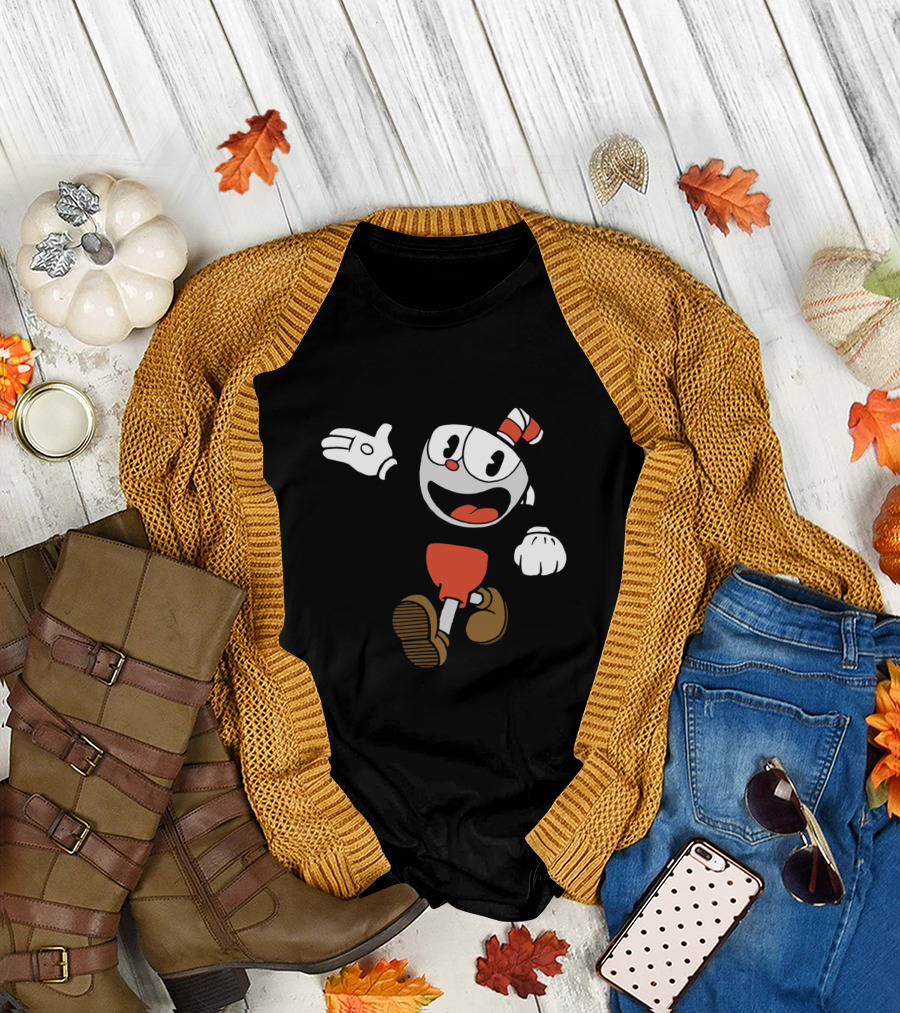 Cuphead Energetic Sketchy Black and White Character Animation T-Shirt