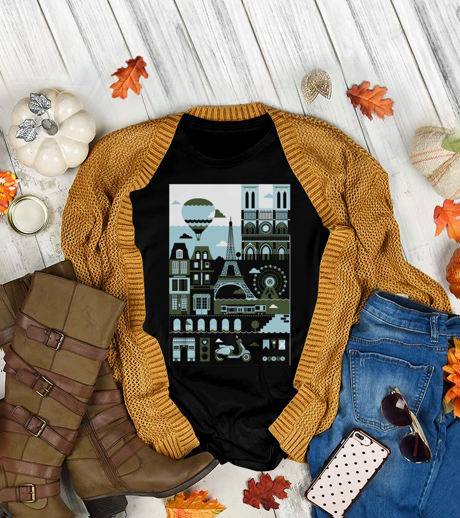 Paris Eiffel Tower Notre Dame Hot Air Balloon Ferris Wheel Scooter Icon Montage T-Shirt