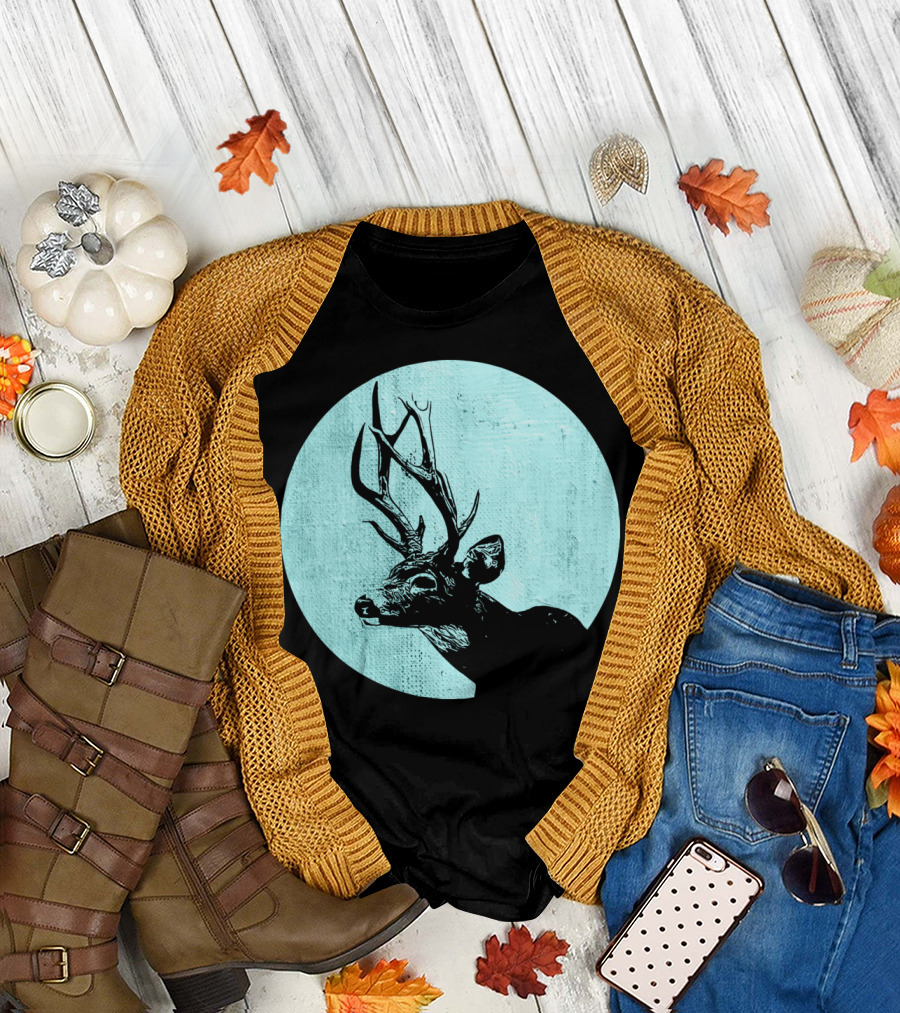 Retro Stag Vintage Deer in Blue Circle T-Shirt