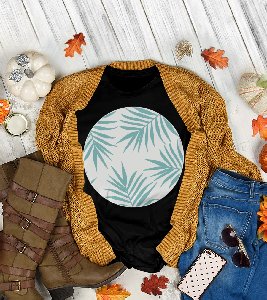Delicate Green Tropical Leaves Pattern on Light Circular Background T-Shirt
