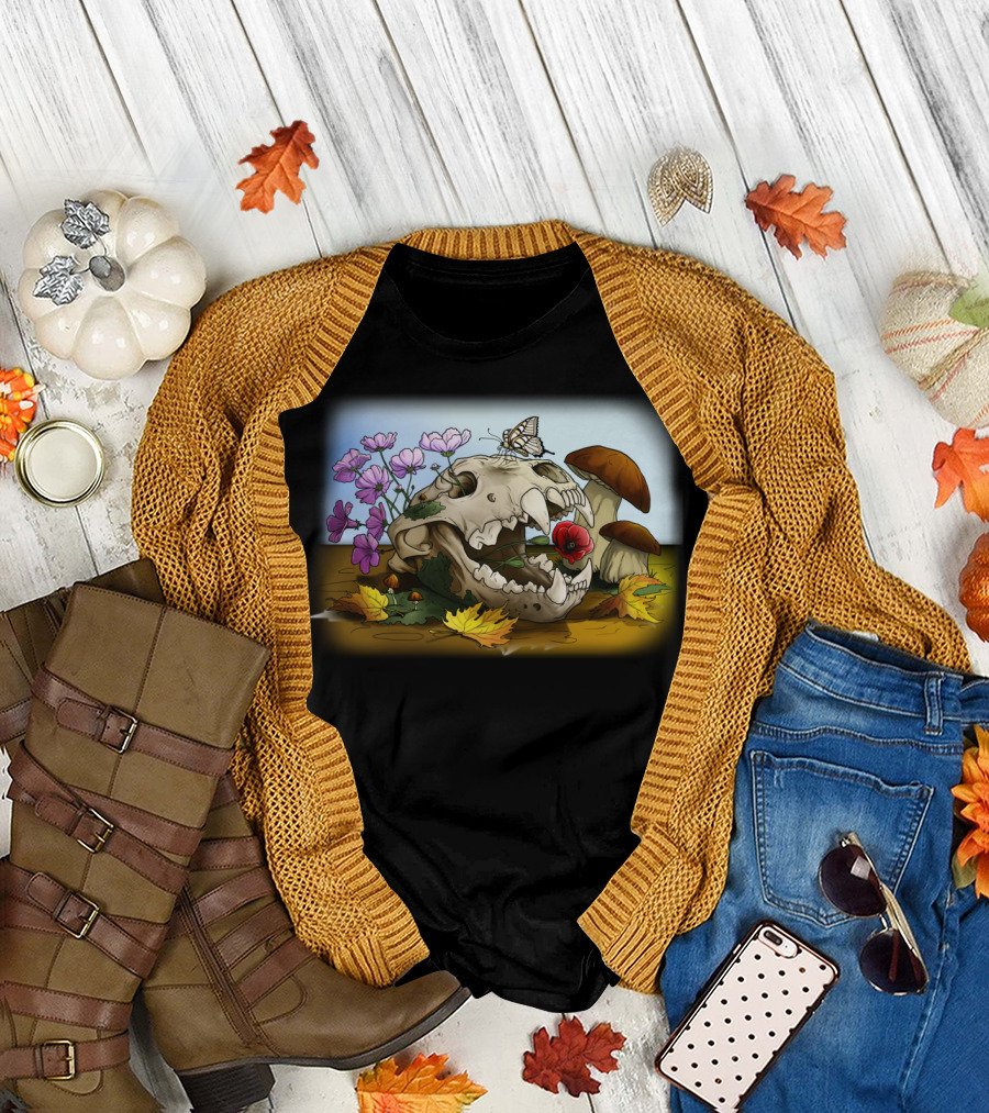 Skull And Butterfly Flowers Autumn Leaves Mushroom T-Shirt