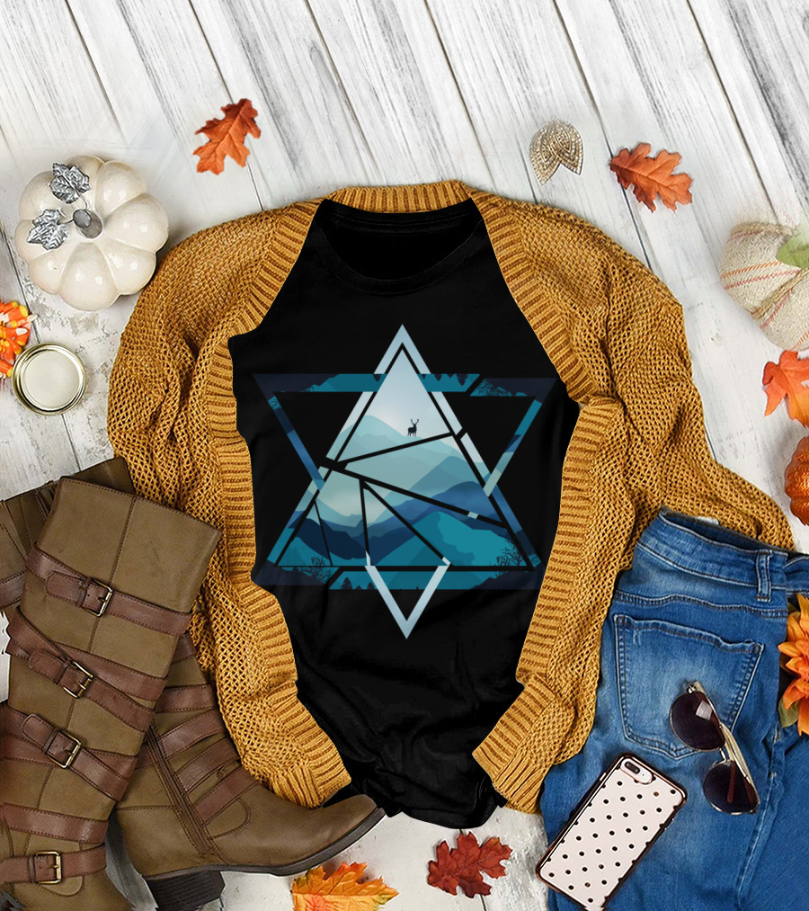 Triangle Mountains Deer Landscape Inside Star T-Shirt