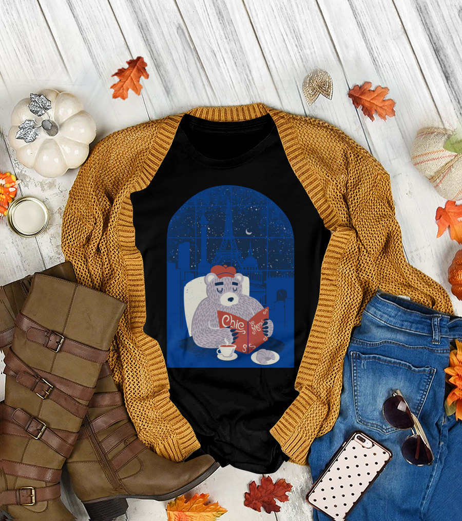 Parisian Bear Chic Le Menu Eiffel Night Croissant Beret T-Shirt