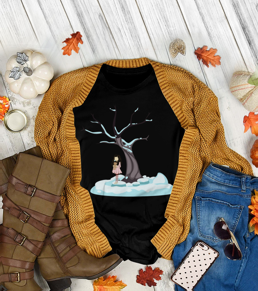 Love Your Child Winter Tree Girl Hugging Teddy Bear T-Shirt