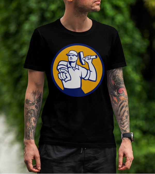 Demolition Worker Pointing Hammer Circle Icon T-Shirt