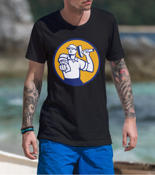 Demolition Worker Pointing Hammer Circle Icon T-Shirt