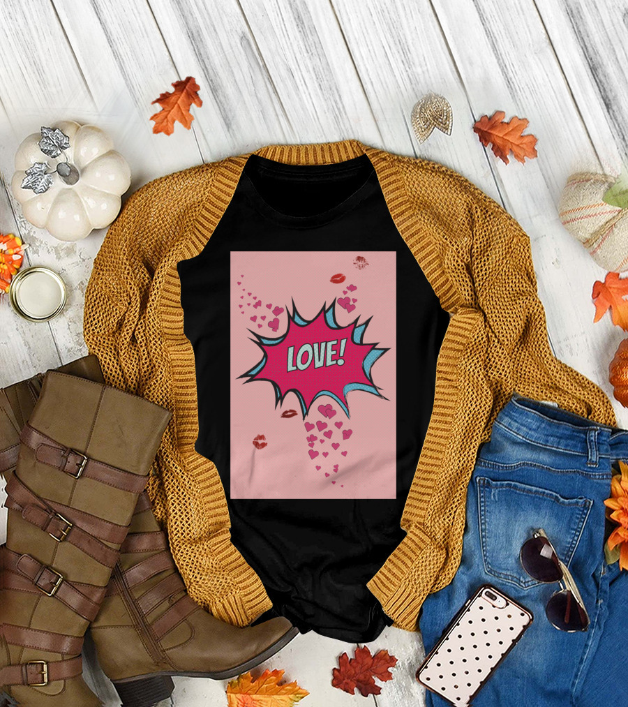 LOVE Comic Style Pop Art Hearts and Lips Explosion T-Shirt