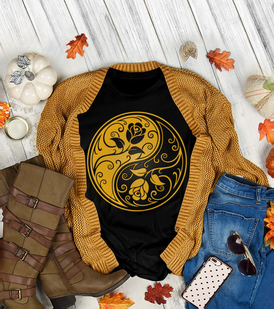 Yellow Black Yin Yang Roses T-Shirt