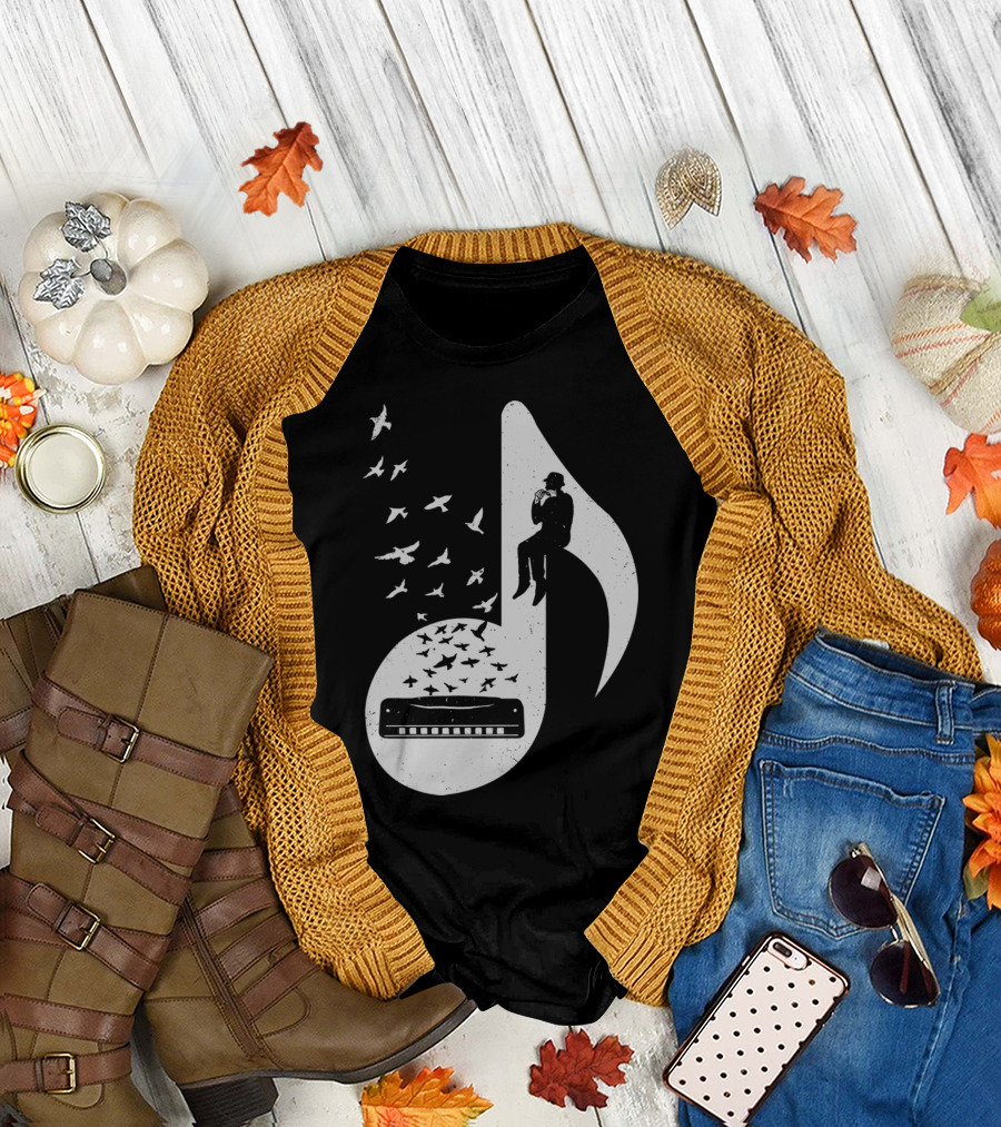 Musical Note Harmonica Birds Silhouette Player T-Shirt