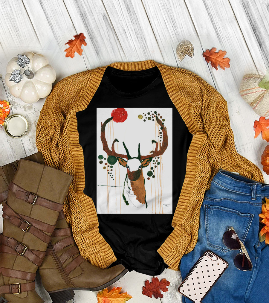Deer with Abstract Circular Patterns and Red Sun T-Shirt
