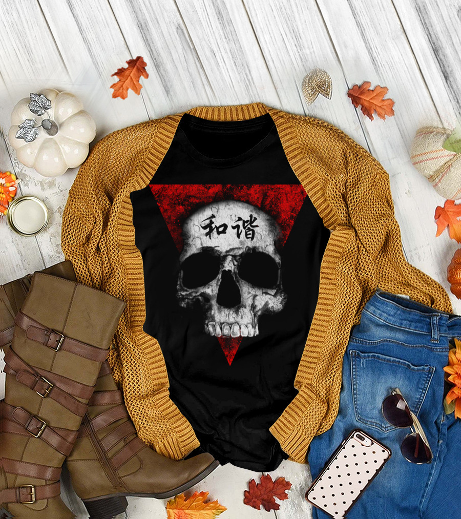 Skull in Peace Japanese Kanji Red Triangle T-Shirt