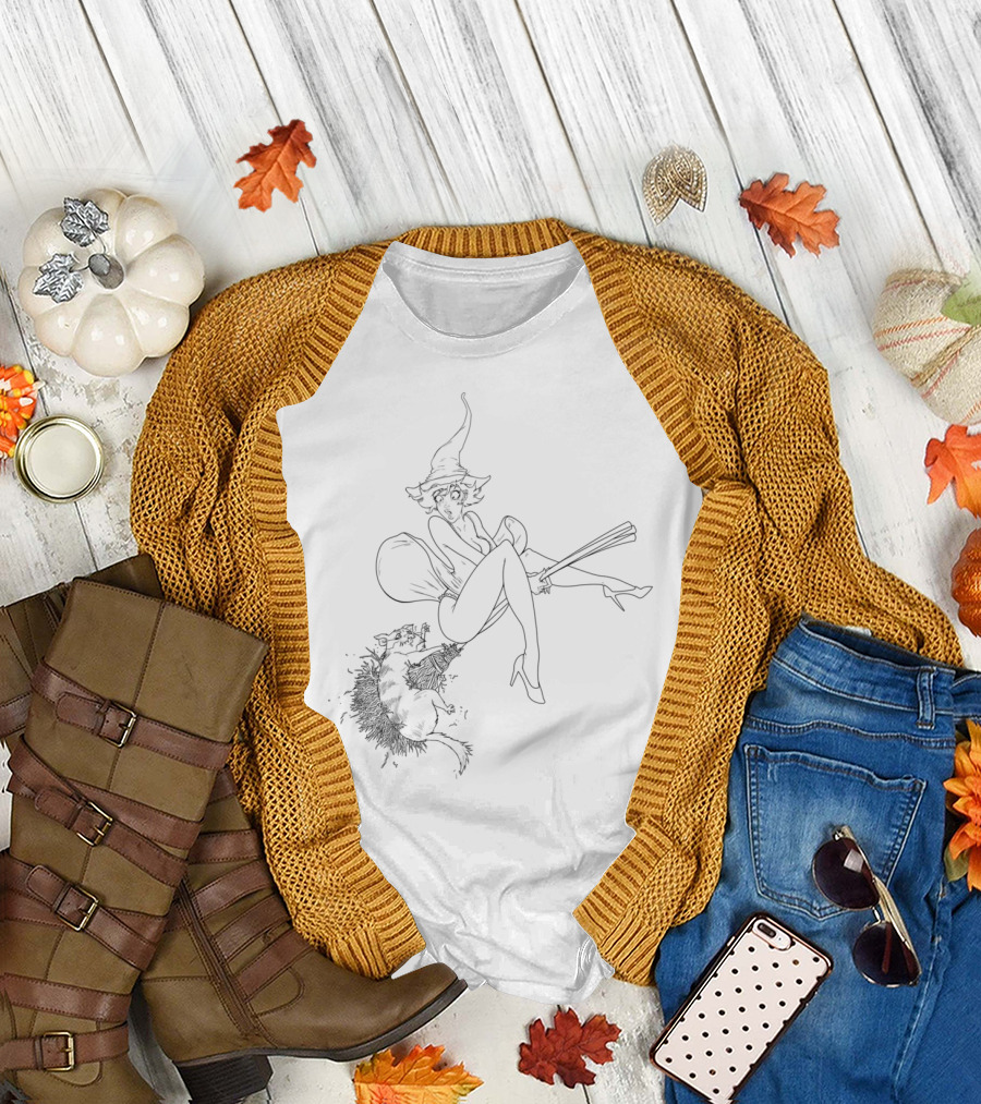Retro Pinup Witch on Broom with Cat T-Shirt