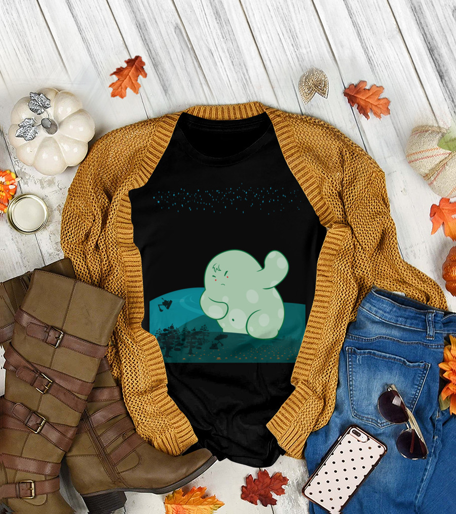 Revenge of the Forest Spirit Under Starry Sky with Mysterious Green Creature and Night Forest Scene T-Shirt