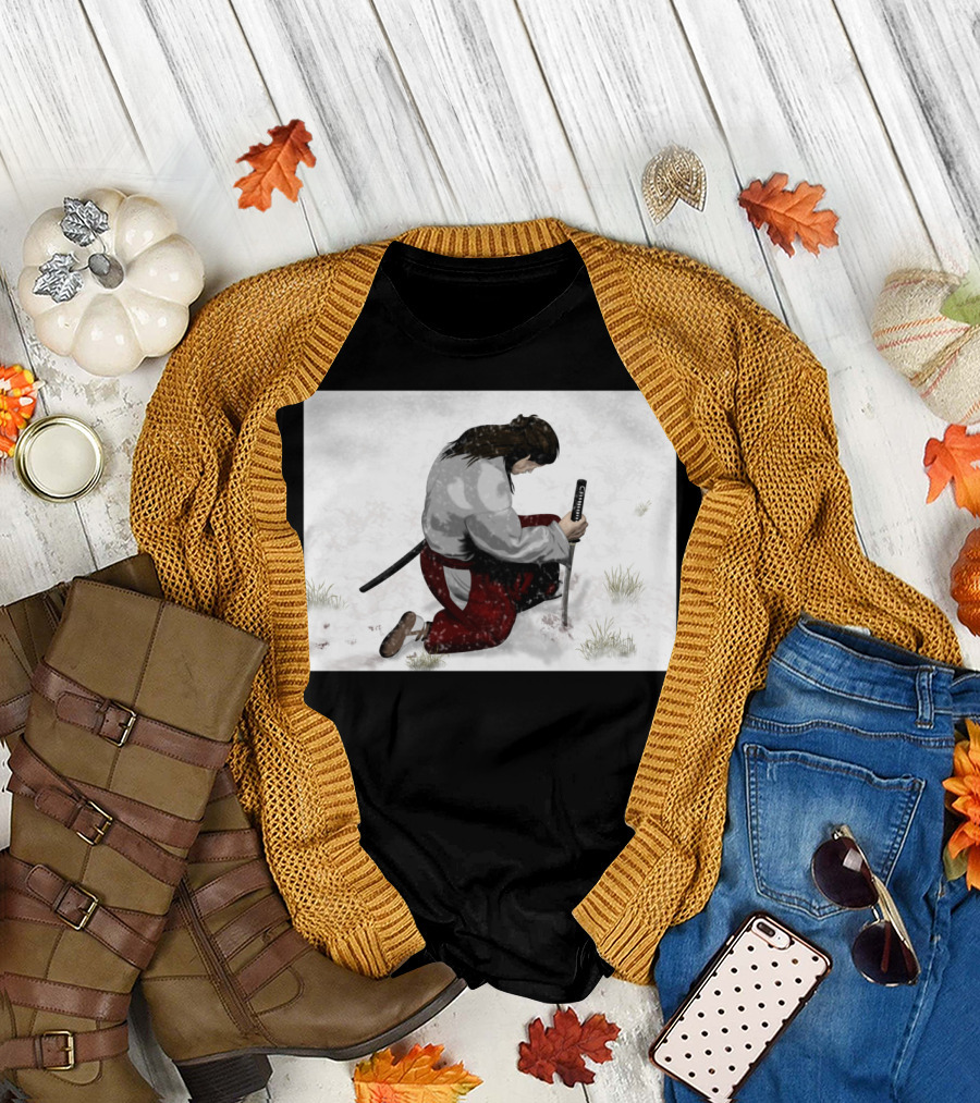 Determination Version Samurai Kneeling in Snow with Sword T-Shirt