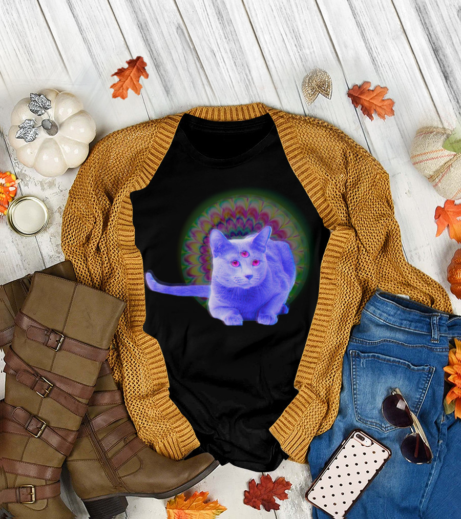 Trippy Kitty Psychedelic Third Eye Cat with Colorful Mandala Aura T-Shirt
