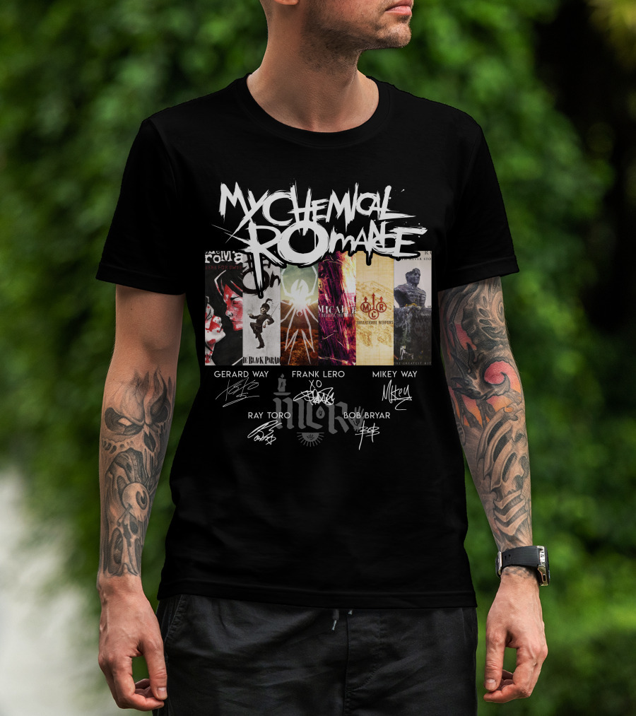 My Chemical Romance Album Collage Gerard Way Frank Iero Mikey Way Ray Toro Bob Bryar Signatures T-Shirt